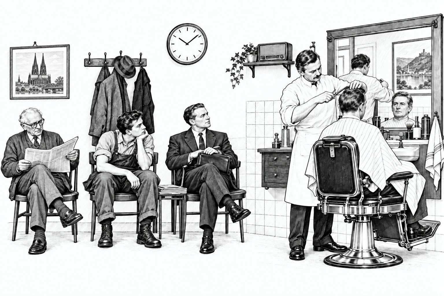 A pen-and-ink illustration of Joe’s Barber Shop: a barber serves a customer while other customers wait, in a German shop around 1962.